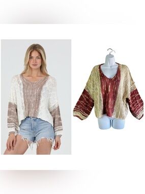 Angie Open Knit Beach Cropped V Neck Sweater Size M